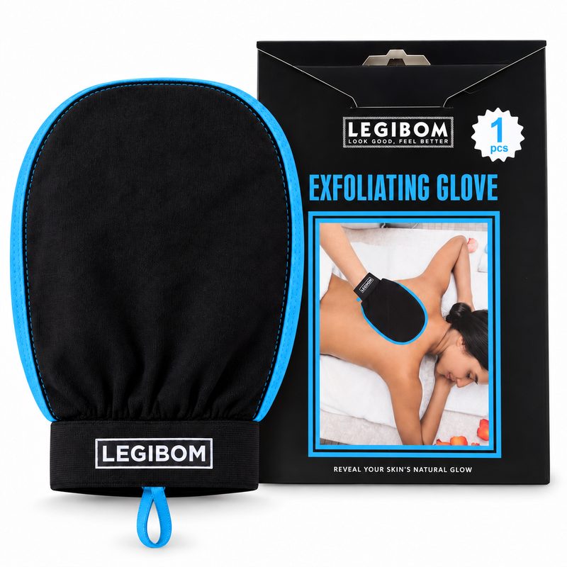 Legibom black exfoliating mitt with blue trim