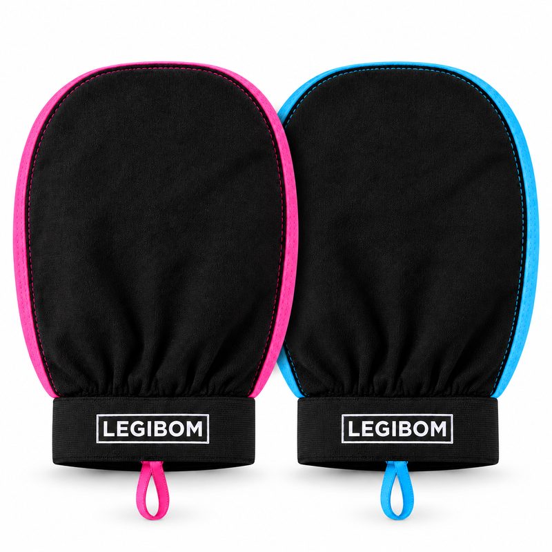 Legibom two-pack: one pink-trim and one blue-trim exfoliating mitt