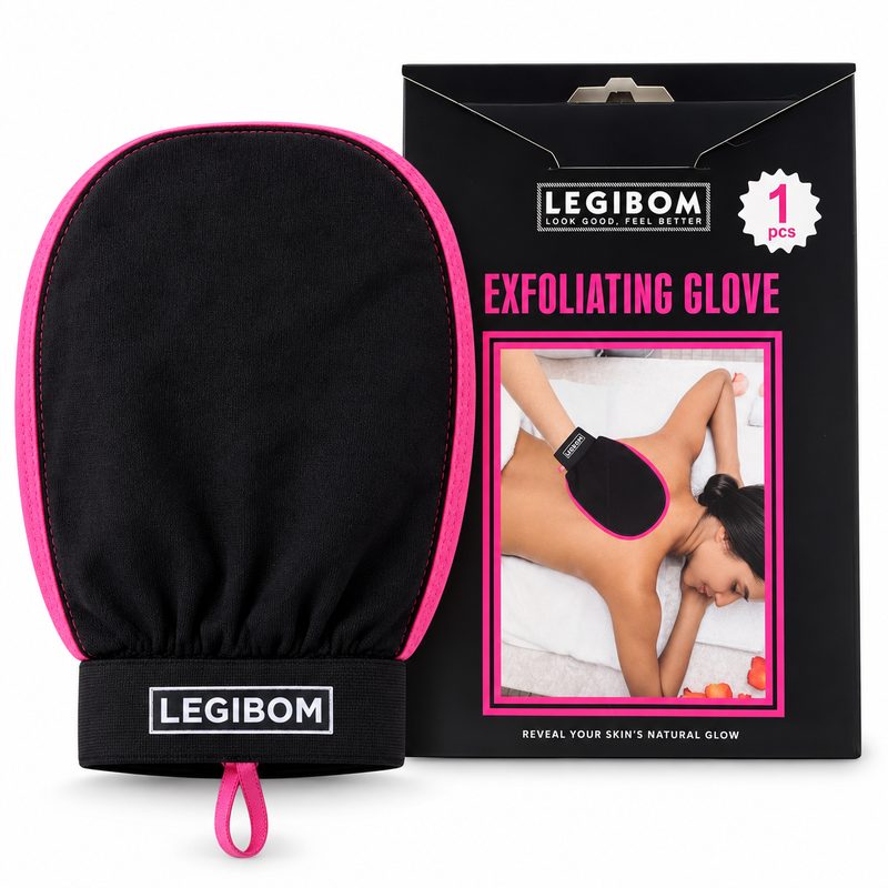 Legibom black exfoliating mitt with pink trim and retail box