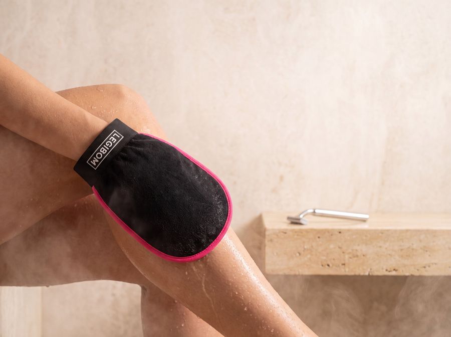 Legibom mitt used on a lower leg before shaving